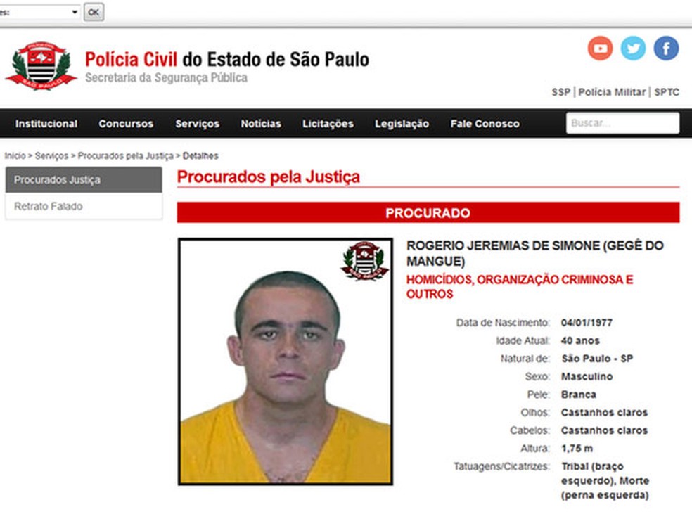 Gegê do Mangue é um dos mais procurados no site da Polícia Civil de São Paulo (Foto: Reprodução/Polícia Civil de São Paulo)