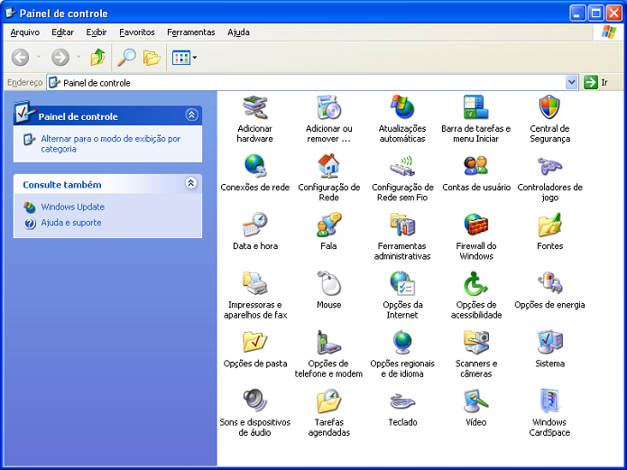 Painel de Controle com visual clássico no Windows XP (Foto: Reprodução/Edivaldo Brito)