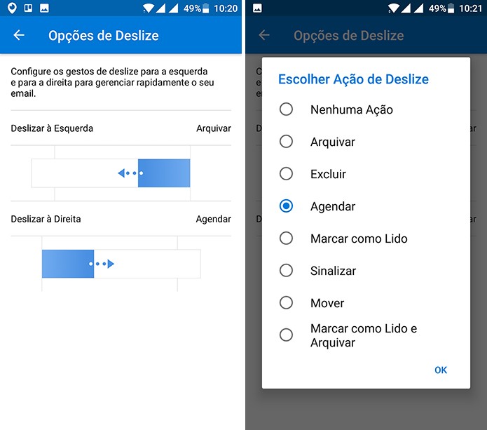 Escolha uma ação rápida para deslizar de dedo sobre e-mail no Outlook (Foto: Reprodução/Elson de Souza)