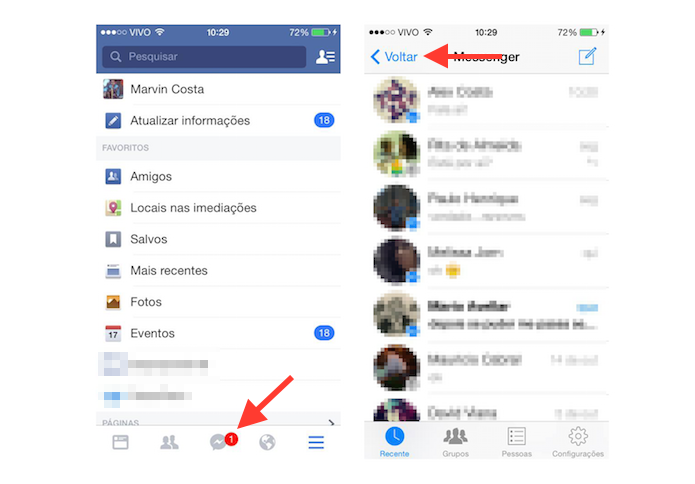 Alternando a visualização do bate papo do Facebook Messenger com o Facebook no iOS (Foto: Reprodução/Marvin Costa)