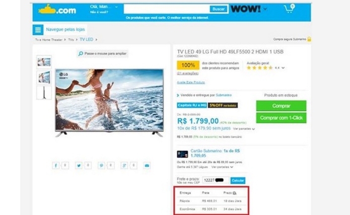 Frete de entrega no Submarino estava por R$ 488 (Foto: Reprodução/Reclame Aqui) Frete de entrega no Submarino estava por R$ 488 (Foto: Reprodução/Reclame Aqui)