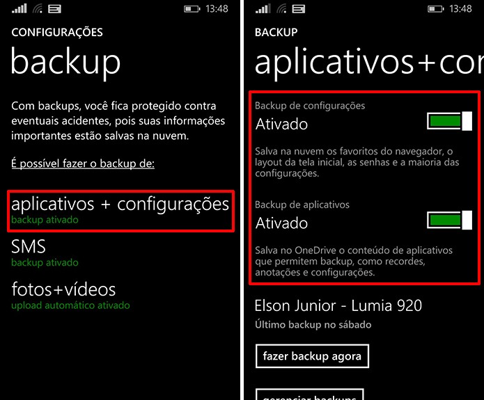 Windows Phone pode ter backup de configurações e aplicativos ativados para que dados sejam restaurados (Foto: Reprodução/Elson de Souza)