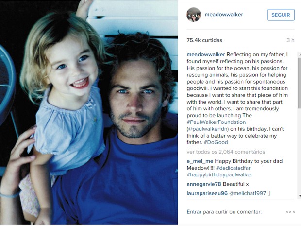 Meadow Walker publicou homenagem ao pai (Foto: Reprodução/Instagram/Meadow Walker)