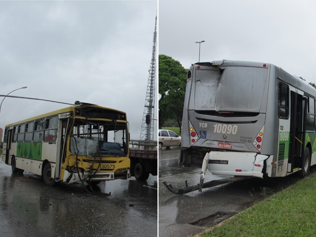 Ônibus das empresas Viplan e TCB ficaram, respectivamente, com a parte dianteira e traseira detsruídos (Foto: Felipe Néri/ G1)