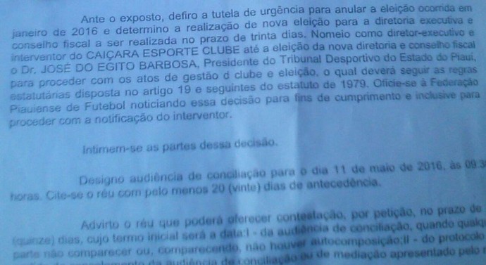 Trecho de decisão judicial que afasta presidente do Caiçara (Foto: Reprodução)