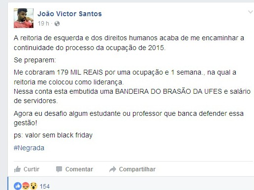 Postagem do aluno que foi multado (Foto: Reprodução/Facebook)