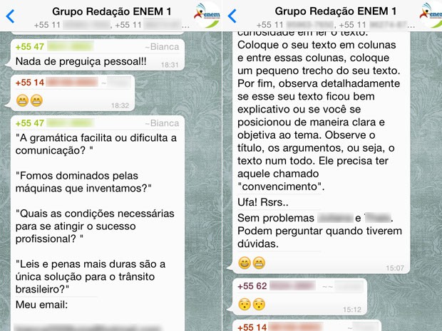 Trechos do grupo de estudos no WhatsApp para a prova de redação do Enem (Foto: Reprodução/WhatsApp/Grupo Redação Enem 1)