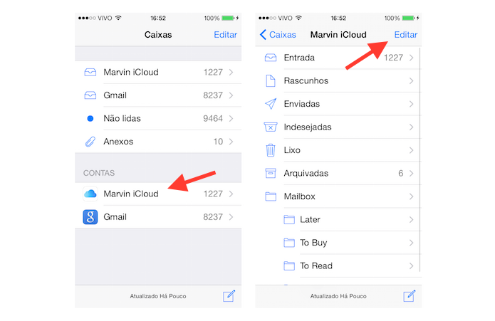 Editando as caixas de e-mail do Mail do iOS 8 (Foto: Reprodução/Marvin Costa)