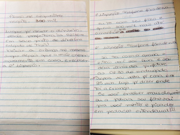 Susana teria escrito em folhas de caderno o plano do sequestro (Foto: Cristiane Cardoso/G1)