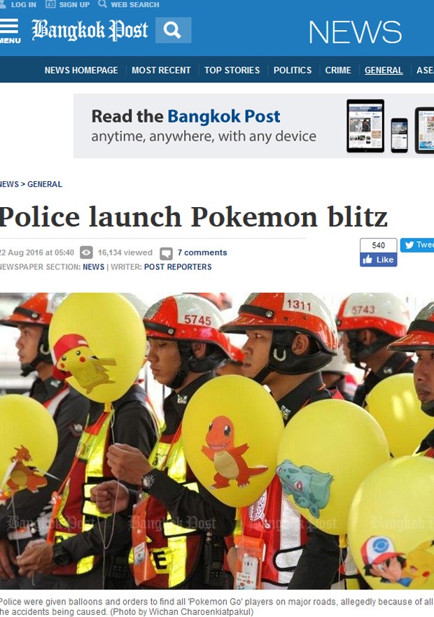 Equipe policial em Bangoc, na Tailândia, foi destacada para monitorar jogadores de Pokémon GO (Foto: Reprodução / Bangkok Post)