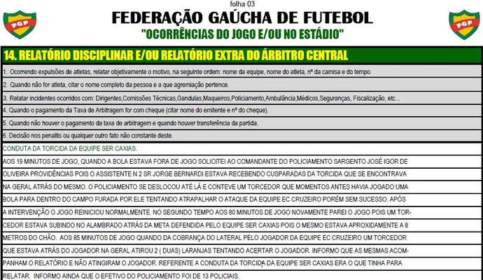 Árbitro relatou incidentes com torcida do Caxias na súmula (Foto: Reprodução/FGF)