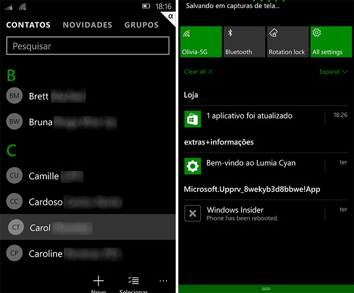 Windows 10 Mobile corrigiu problemas no aplicativo de contatos e nos atalhos da Central de Notificações (Foto: Reprodução/Elson de Souza)