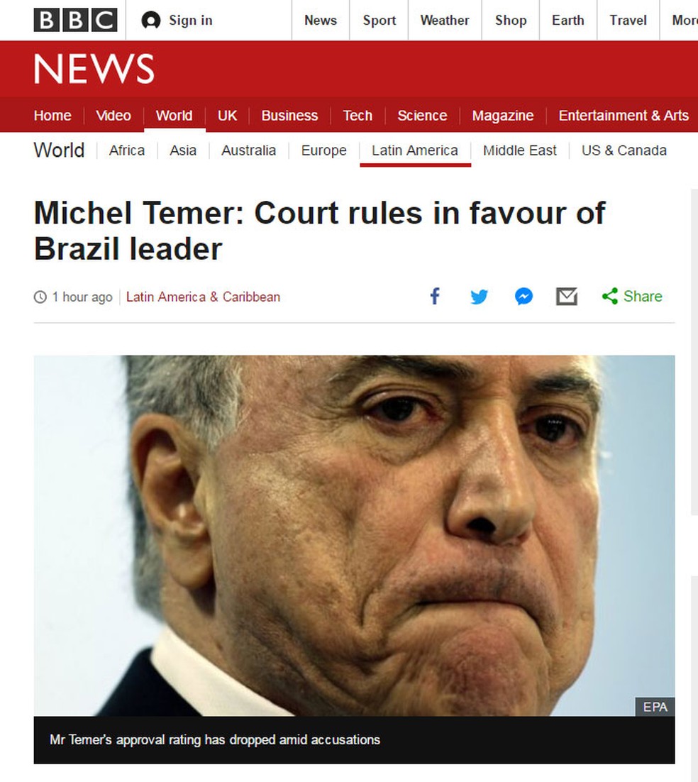 Rede britânica BBC noticia decisão favorável ao presidente Michel Temer tomada pelo TSE nesta sexta-feira (9) (Foto: Reprodução/ BBC)