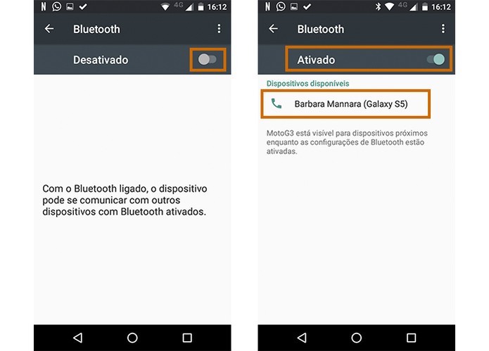 Ative o Bluetooth no Moto G 3 e escolha o celular para parear (Foto: Reprodução/Barbara Mannara)