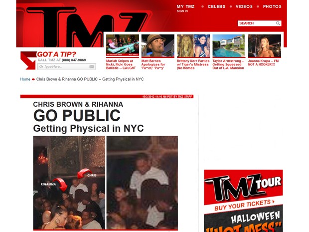 Notícia desta quarta-feira (3) do site TMZ, que mostra Chris Brown e Rihanna juntos em clube noturno de Nova York (Foto: Reprodução/TMZ)