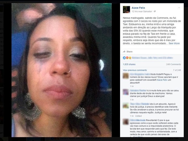 Cantora Aiace Félix fez post para falar sobre agressão sofrida em Salvador (Foto: Reprodução/Facebook)