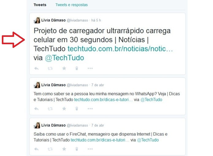 Os seus melhores tuítes aparecem um pouco maior no novo perfil do Twitter (Foto: Reprodução/Lívia Dâmaso)