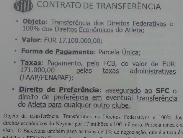 Documento da transferência de Neymar (Foto: Reprodução / Rádio Globo)