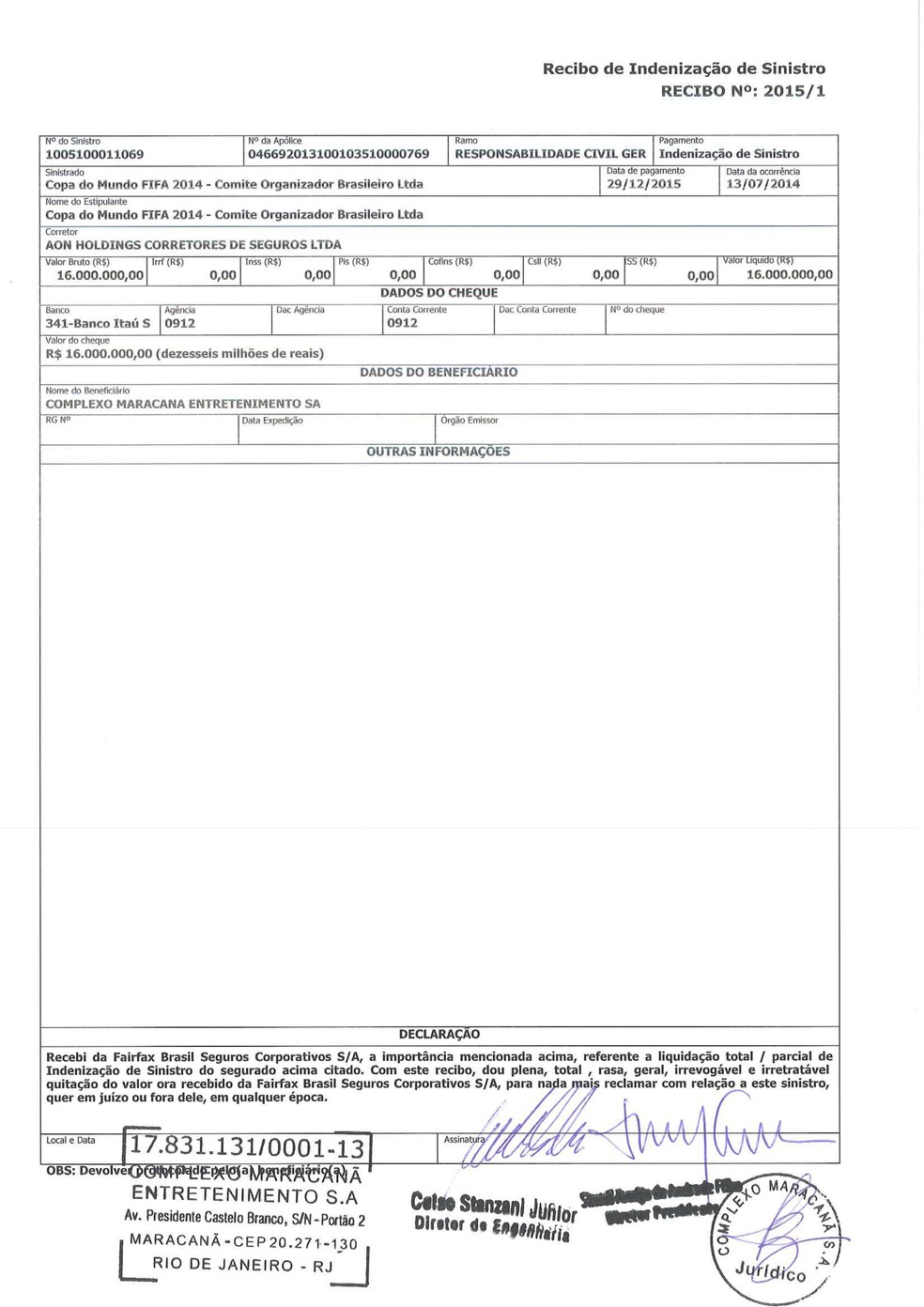 Recibo de pagamento de R$ 16 milhões (Foto: GloboEsporte.com)