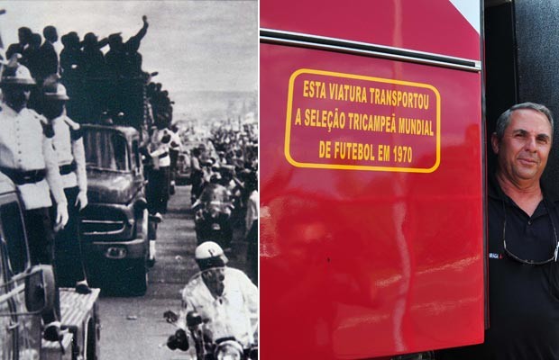 Desfile da seleção campeã de 1970, no México, em caminhão dos bombeiros, que ganhou inscrição para registrar o fato (Foto: Tony Winston/Agência Brasília)