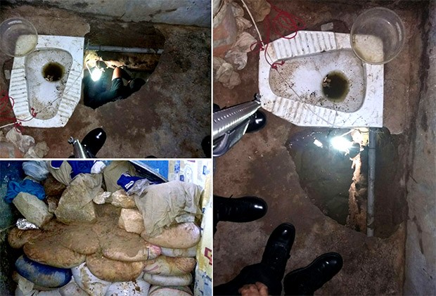 Túnel foi escavado ao lado de um vaso sanitário, dentro do banheiro de uma das celas; terra retirada do buraco estava sendo ensacada (Foto: G1/RN)