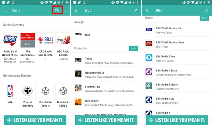 TuneIn mostra resultados de pesquisas em categorias como rádios e podcasts (Foto: Reprodução/Elson de Souza)