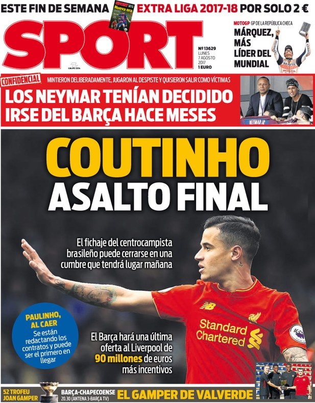 Capa do jornal Sport com Philippe Coutinho