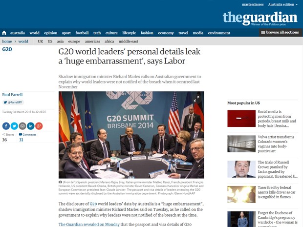 Edição australiana do jornal 'The Guardian' (Foto: Reprodução) Edição australiana do jornal 'The Guardian' (Foto: Reprodução)