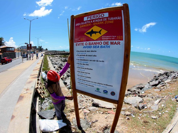 Grande Recife recebe novas placas de alerta contra tubarões (Foto: Marlon Costa/Pernambuco Press)