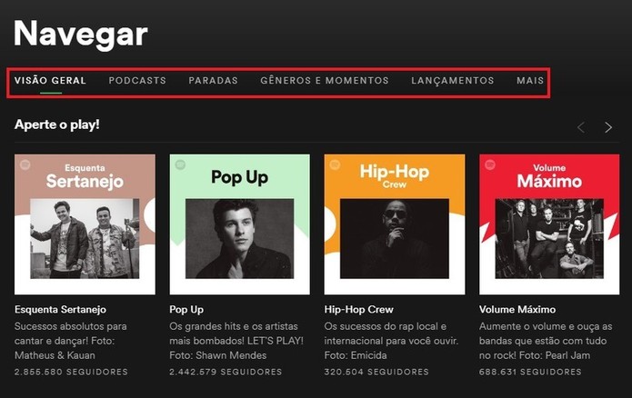 Navegue pelo menu do Spotify (Foto: Reprodução/Rodrigo Fernandes) Navegue pelo menu do Spotify (Foto: Reprodução/Rodrigo Fernandes)