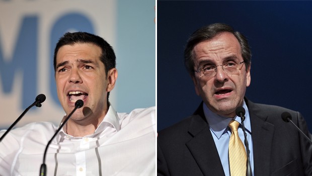 O líder da coalizão de esquerda Syriza , Alexis Tsipras (à esquerda), e o líder da Nova Democracia, Antonis Samaras, durante a campanha (Foto: AFP)