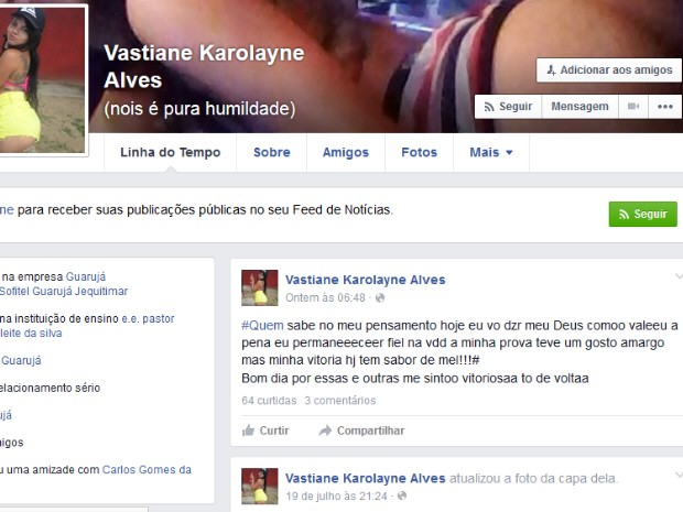 Vastiane postou mensagem no Facebook para avisar que estava solta (Foto: Reproduo / Facebook)