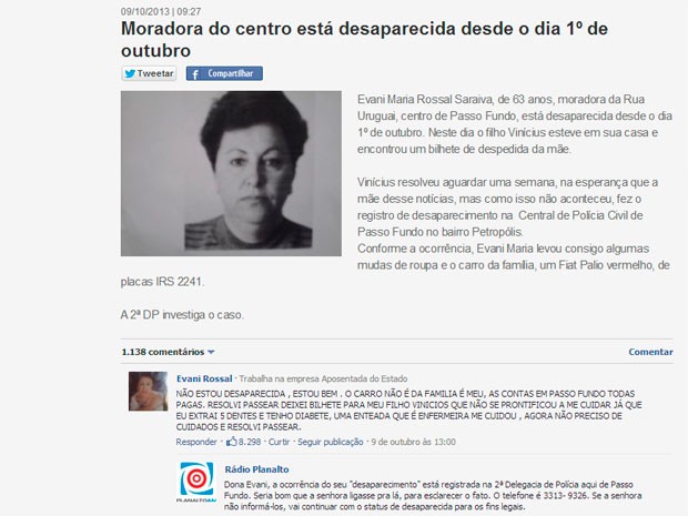 Evani comentário notícia desaparecimento Rádio Planalto (Foto: Reprodução/rdplanalto.com)