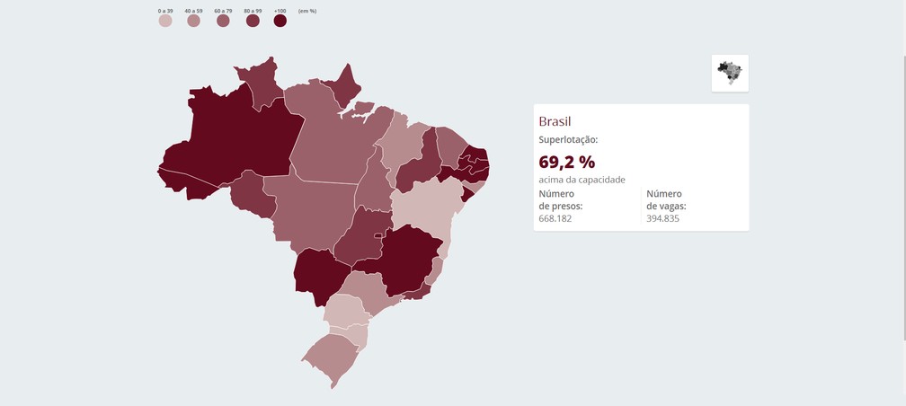 Mapa mostra superlotação dos presídios no país (Foto: Editoria de Arte/G1)