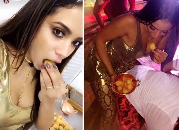 Anitta comendo salgados na sua festa de aniversário (Foto: Reprodução/Instagram)
