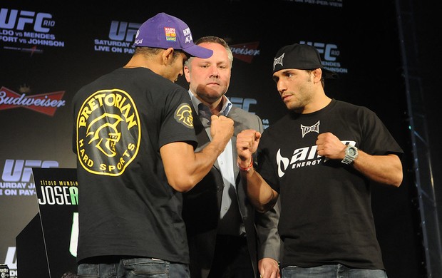José Aldo e Chad Mendes na coletiva do UFC (Foto: André Durão / GLOBOESPORTE.COM)