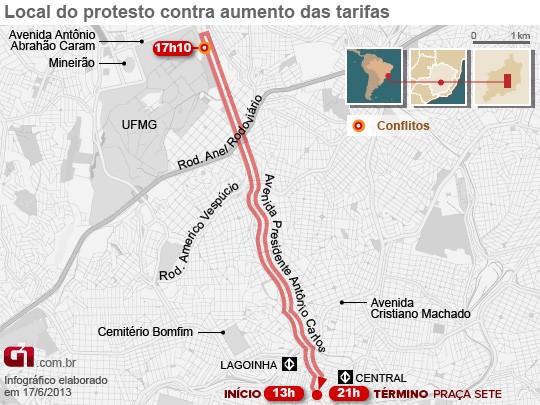 Mapa do protesto em Belo Horizonte (Foto: Arte/G1)