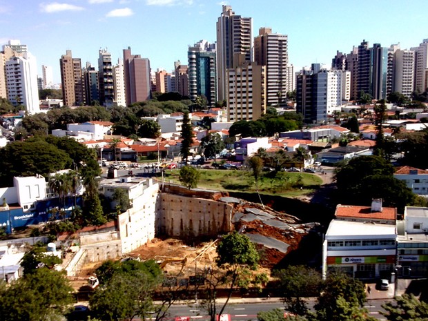 Desmoronamento de terra abre cratera em rua de Campinas. (Foto: Eduardo Sozo/G1 Campinas)