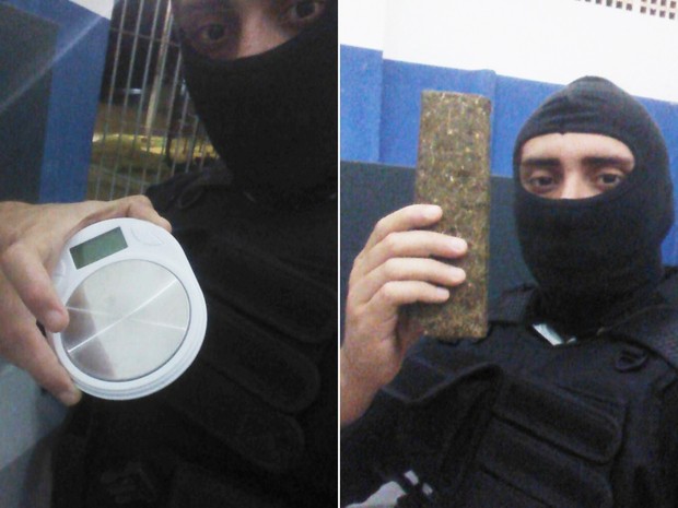 Balança de precisão e um quilo de maconha foram apreendidos pelos agentes penitenciários de Alcaçuz (Foto: Sejuc/Divulgação)