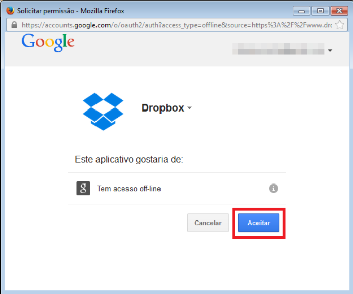 Dropbox pede permissão para acessar os contatos do Gmail (Foto: Reprodução/Lívia Dâmaso)