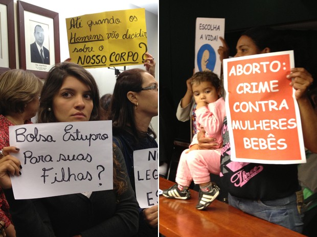 Mulheres contrárias e favoráveis ao Estatuto do Nascituro se manifestam na Câmara (Foto: Felipe Néri / G1)