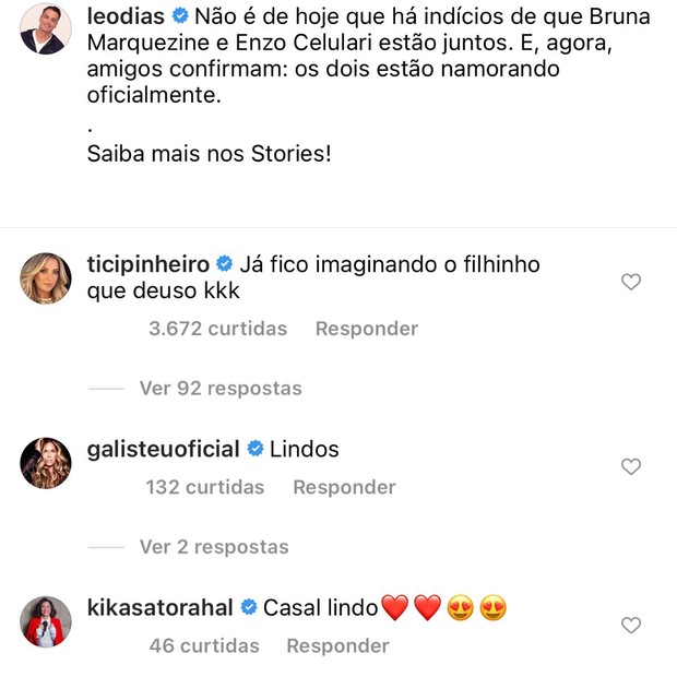 Ticiane Pinheiro, Adriane Galisteu e Kika Sato mostram torcida por namoro de Bruna Marquezine e Enzo Celulari (Foto: Reprodução/Instagram )