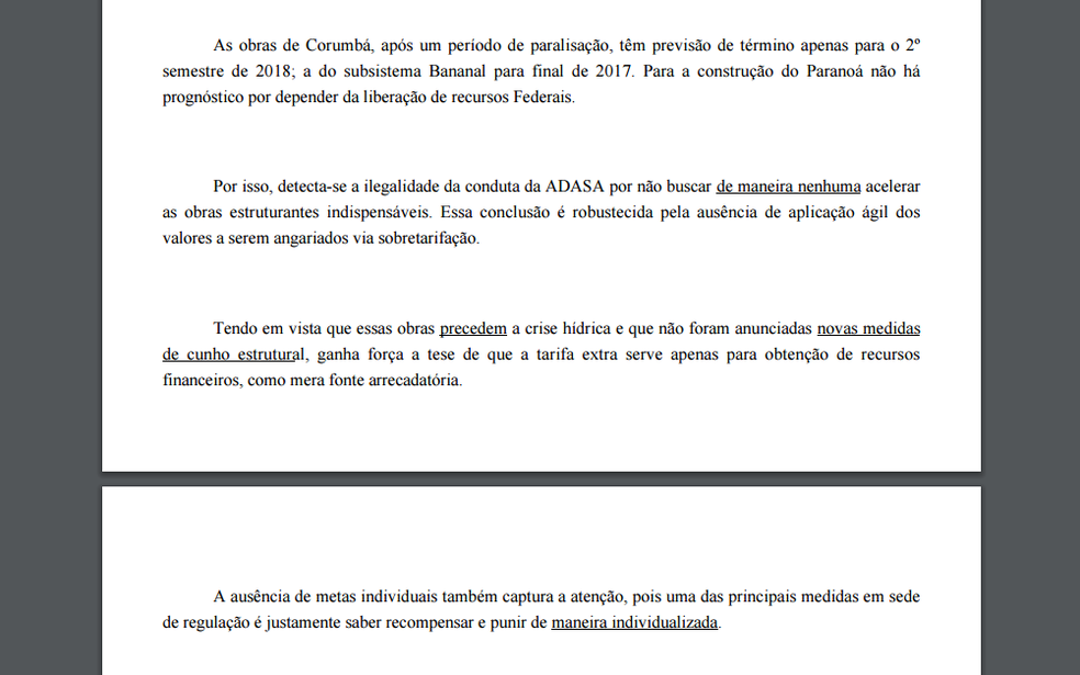 Trecho da decisão da Justiça que manda Adasa traçar fim para racionamento (Foto: Reprodução)