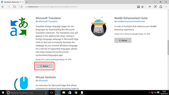 Usuário deve tocar no botão para baixar extensões para Microsoft Edge (Foto: Reprodução/Elson de Souza)