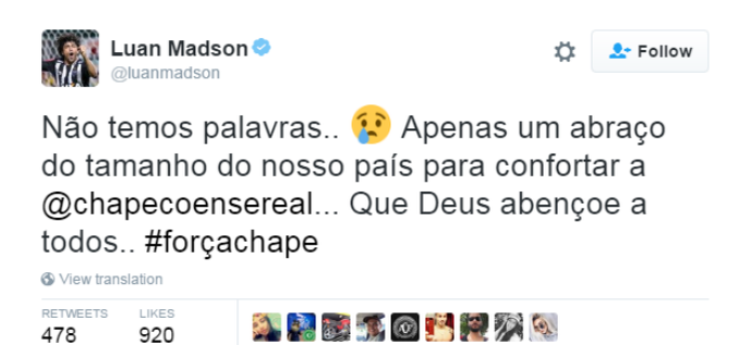 luan lamenta acidente da chapecoense (Foto: Reprodução Twitter)