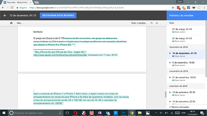 Google Docs mostra edições feitas no documento com cor diferenciada (Foto: Reprodução/Elson de Souza)