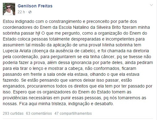 Tio da jovem, Genilson Freitas fez um desabafo no Facebook e diz que vai registrar boletim de ocorrência e acionar MP-AC (Foto: Reprodução/Facebook)