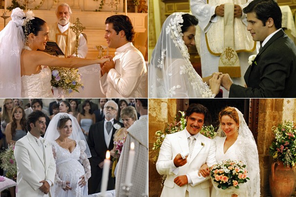 No alto, personagens de Bruno Gagliasso se casam nas novelas Sinhá Moça e Ciranda de Pedra; acima, ele se casa com duas no papel de bígamo em Passione (Foto: CEDOC Globo)