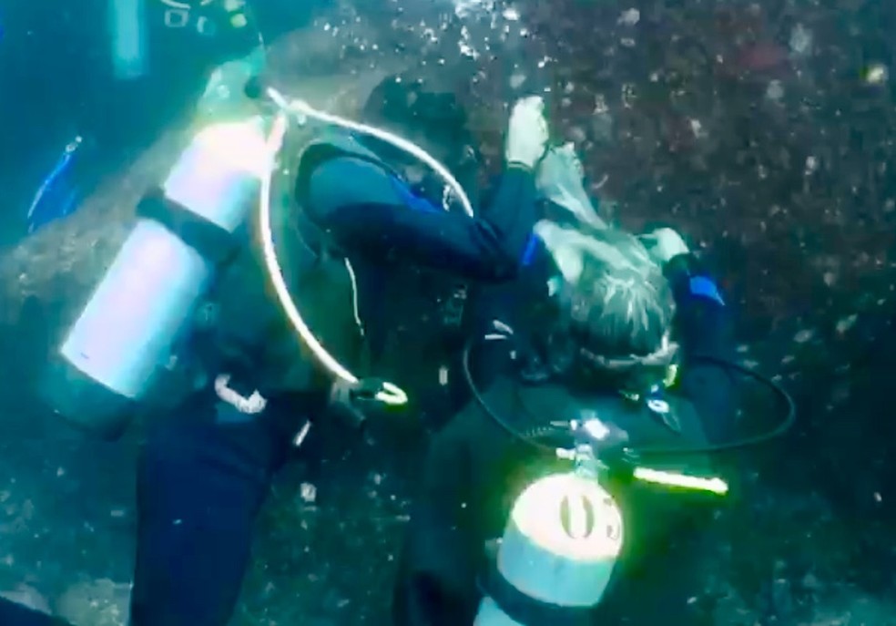 Pesquisadores mergulham e retiram coral-sol de Calhaus — Foto: Mariane Rossi/G1