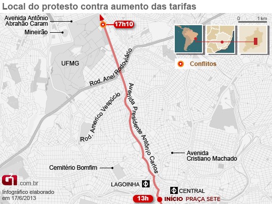 Veja no mapa o percurso do protesto em BH e o foco do confronto (Foto: Arte/G1)